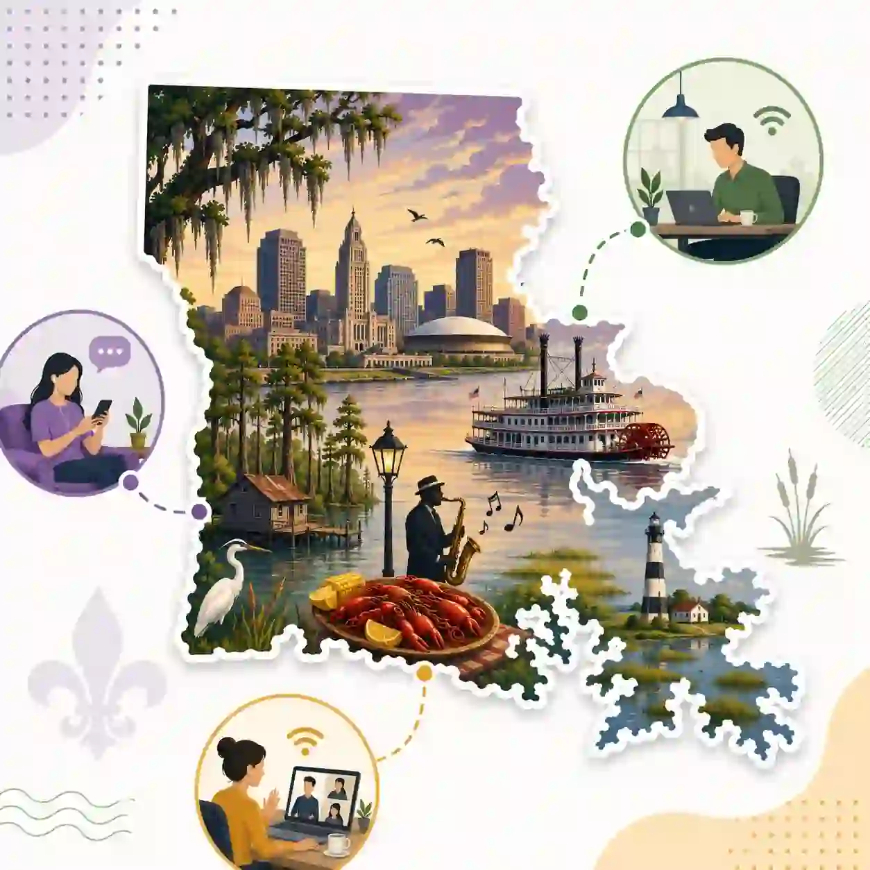Louisiana state map with icons for mobile, office, remote team and call center connected to a central phone pin